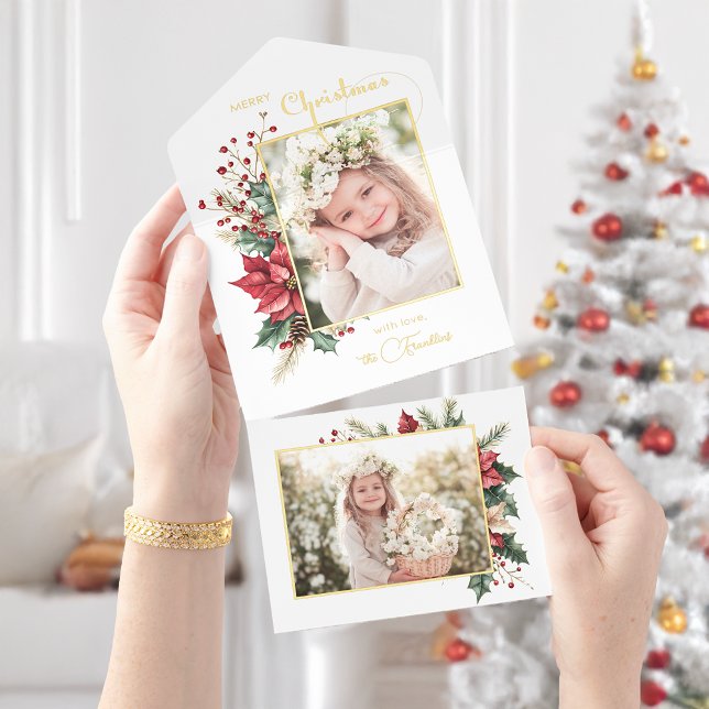Elegante Winter Floral Gold Script 1 Foto Foil All-in-One-Einladung (Von Creator hochgeladen)
