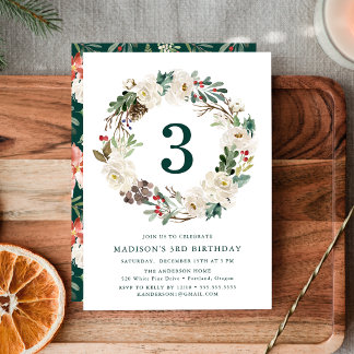 Elegante Winter Floral Wreath Green Geburtstagspar Einladung