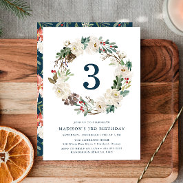 Elegante Winter Floral Wreath Navy Geburtstagspart Einladung