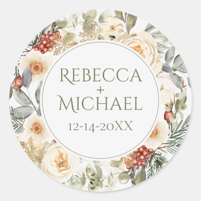 Elegante Winter Florals Personalisiert Wedding Runder Aufkleber (Vorderseite)