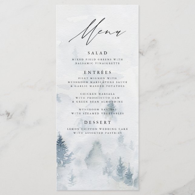 Elegante Winter Forest Wedding Menu Card Menükarte (Vorderseite)