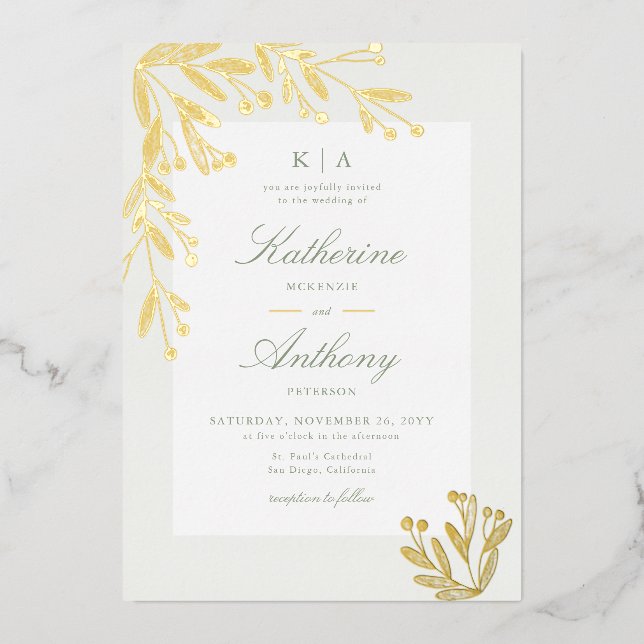 Elegante Winter Gold Mistletoe Monogramme Hochzeit Folieneinladung (Vorderseite)
