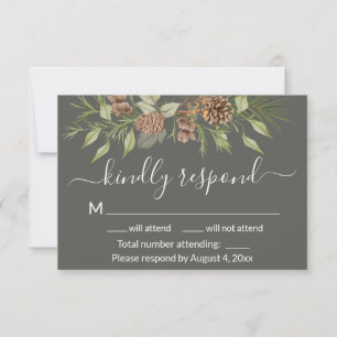 Elegante Winter Gray Blue Pine Wedding RSVP Card Dankeskarte