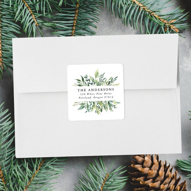 Elegante Winter Greenery Rücksendeadresse Quadratischer Aufkleber (Von Creator hochgeladen)