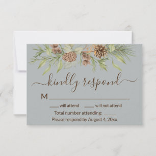 Elegante Winter Grey Pine Wedding RSVP Card Dankeskarte