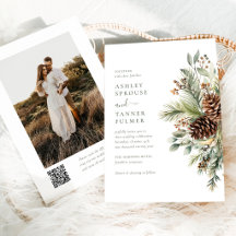 Elegante Winter-Kieferngrün QR-Code-Foto-Hochzeit