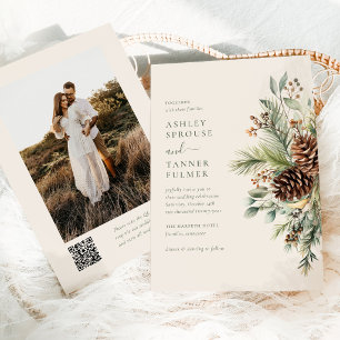 Elegante Winter-Kieferngrün-QR-Code-Foto-Hochzeit Einladung