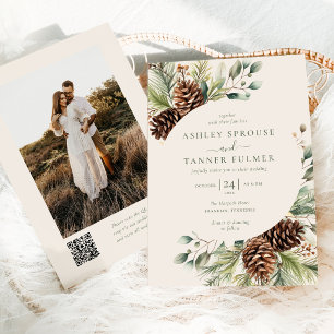 Elegante Winter-Kieferngrün QR-Code-Foto-Hochzeit Einladung