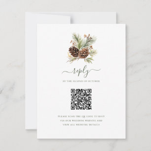 Elegante Winter-Kieferngrün QR-Code-Hochzeit RSVP Karte