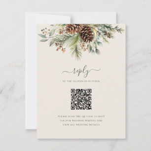 Elegante Winter-Kieferngrün QR-Code-Hochzeit RSVP Karte