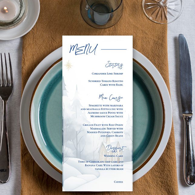 Elegante Winter Landschaft Snowy Wedding Party Menükarte (Elegant Winter Landscape Snowy Wedding Party Menu)