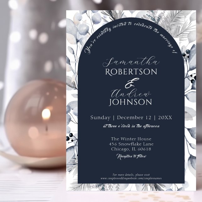 Elegante Winter Navy Blue Botanical Arch Wedding Einladung (Von Creator hochgeladen)