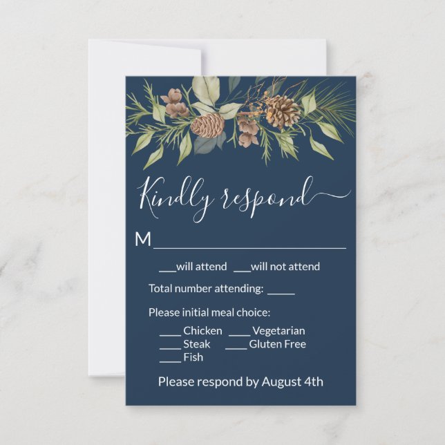 Elegante Winter Navy Blue Pine RSVP Card (Vorderseite)