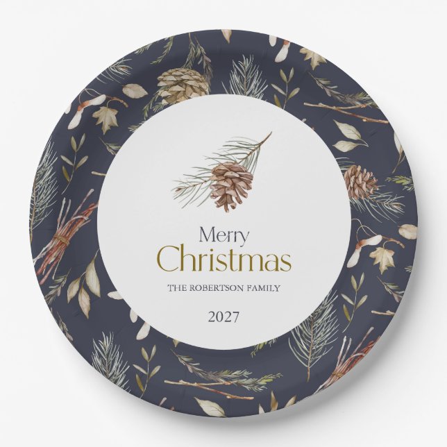 Elegante Winter Paper Teller mit Pinecones (Vorderseite)