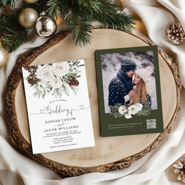 Elegante Winter Pine QR Code UAWG Wedding Einladung (Von Creator hochgeladen)