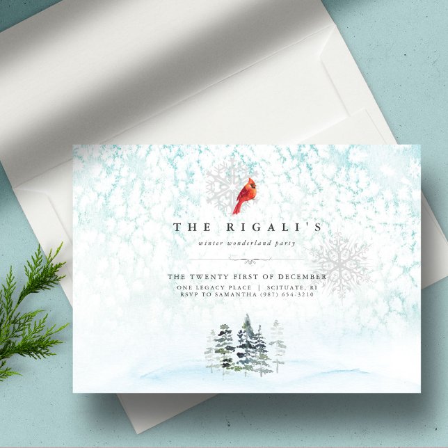 Elegante Winter Pines Weihnachten Wasserfarbe Einladung (Christmas invitations watercolor winter pine trees and cardinal blue snowy scene)