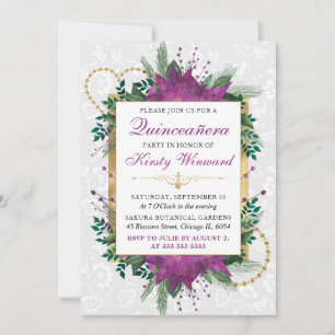Elegante Winter-Purple Poinsettie Quinceanera Einladung