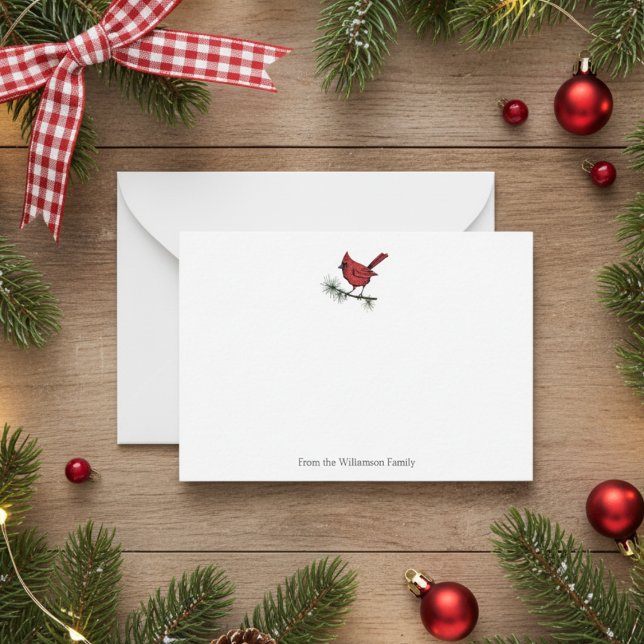 Elegante Winter Red Kardinal Bird Familie Mitteilungskarte (Elegant Simple Red Cardinal Perched on a Pine Branch Winter Note Card. Hand Drawn Red Bird in Nature)