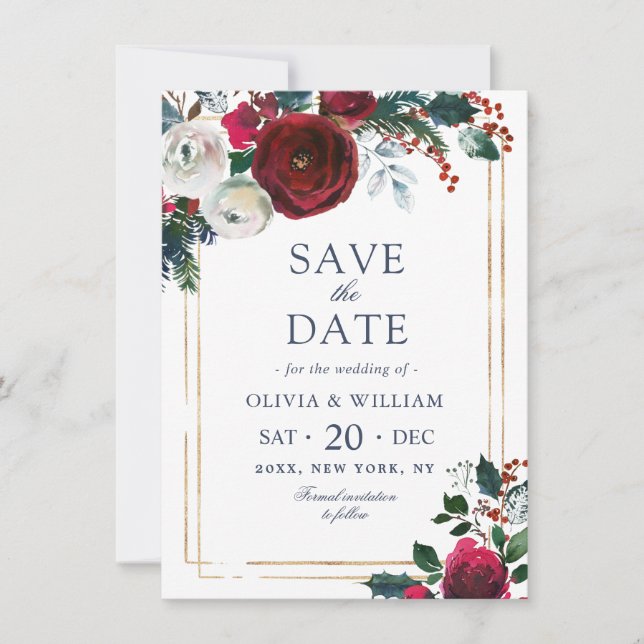 Elegante Winter Rose Foliage Wassercolor Hochzeit Save The Date (Vorderseite)