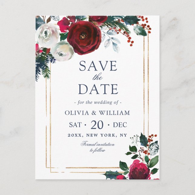 Elegante Winter Rose Foliage Wedding Save the Date Postkarte (Vorderseite)