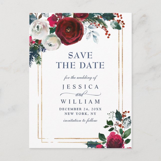 Elegante Winter Rose Foliage Wedding Save the Date Postkarte (Vorderseite)