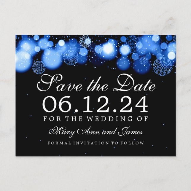 Elegante Winter Save the Date Blue Lights Ankündigungspostkarte (Vorderseite)