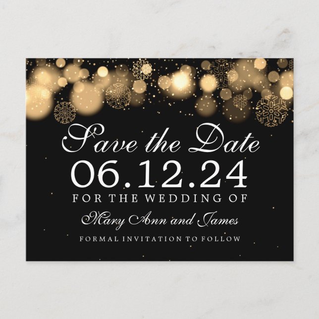 Elegante Winter Save the Date Gold Lights Ankündigungspostkarte (Vorderseite)