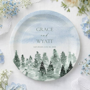 Elegante Winter-Schnee Grüne Kiefern Hochzeit Pappteller
