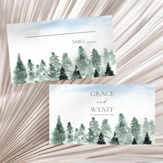 Elegante Winter-Schnee-Grüne-Tannen-Hochzeit Platzkarte