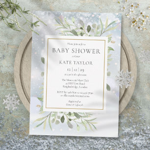 Elegante Winter Snowflakes Grüne Babydusche Einladung