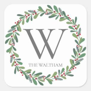 Elegante Winter Sprigs Mit Monogramm Weihnachtsfes Quadratischer Aufkleber