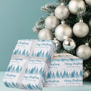 Elegante Winter Trees Custom Blue Frohe Weihnachte Geschenkpapier