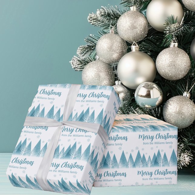 Elegante Winter Trees Custom Blue Frohe Weihnachte Geschenkpapier (Von Creator hochgeladen)