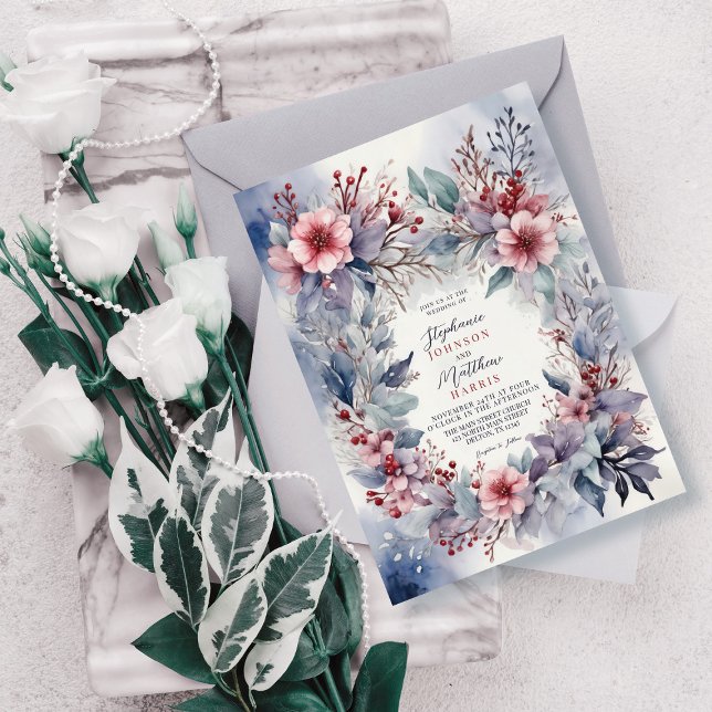 Elegante Winter Watercolor Blumenberries Hochzeit Einladung (Von Creator hochgeladen)
