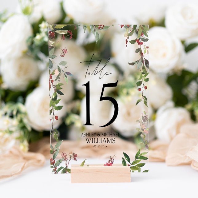 Elegante Winter Wildblume Berry Empfang Acrylschild (Wedding Table Number!)