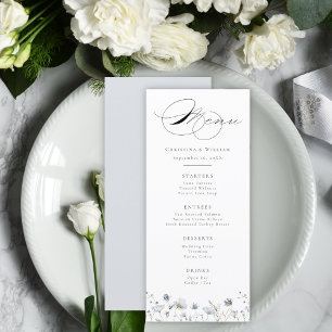 Elegante Winter-Wildblumen Hochzeit Menükarte