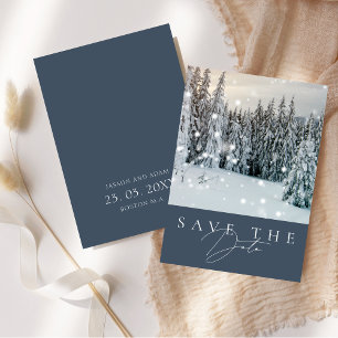 Elegante Winter-Wunderland-Schneewald-Hochzeit Save The Date