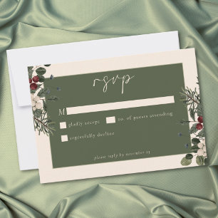 Elegante Winterbeeren & Fichten-Elfenbein-Hochzeit RSVP Karte