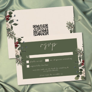 Elegante Winterbeeren- und Kiefern-Elfenbein-Hochz RSVP Karte