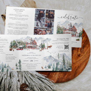 Elegante Winterberg-Ski-Chalet-Hochzeit Dreifach Gefaltete Einladung