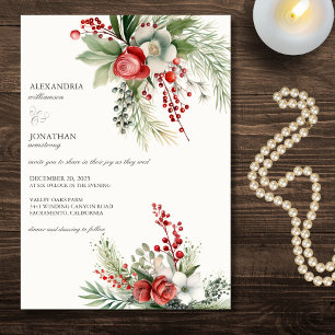 Elegante Winterblumen, Beeren und Kiefern-Hochzeit Einladung