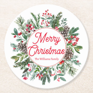 Elegante Wintergrün Frohe Weihnachten Rot Schriftz Runder Pappuntersetzer