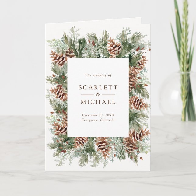 Elegante Wintergrüne Hochzeit Programm (Vorderseite)