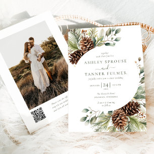 Elegante Wintergrüne Kiefer QR-Code Foto Hochzeit Einladung