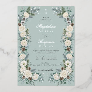 Elegante Wintergrüne Weiße Florale Hochzeit Folieneinladung