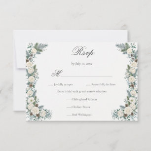 Elegante Wintergrüne Weiße Florale Hochzeitsmahlze RSVP Karte