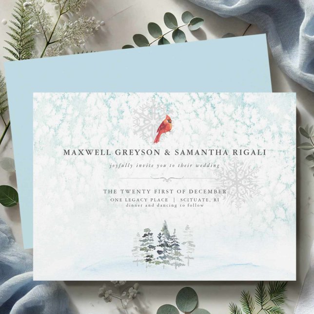 Elegante Winterpines Hochzeit Einladung (Blue wedding invitations watercolor winter scene with red cardinal.)