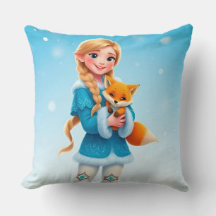Elegante Winterprinzessin hält einen süßen Fuchs  Kissen