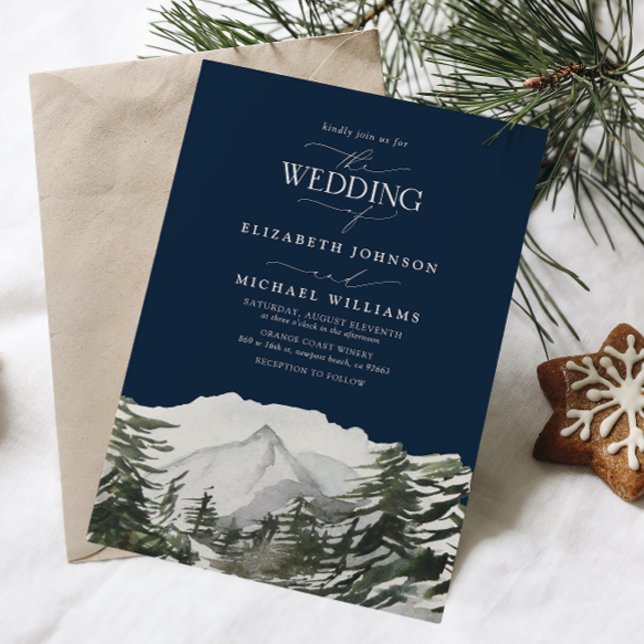 Elegante Winterschnee Pine Trees Wasserfarbenpräch Einladung (Winter Wedding Invitation)