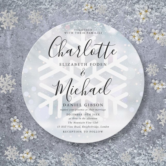 Elegante Winterschneeflocken Einladung (Elegant Winter Snowflakes Circular Wedding Invitation)